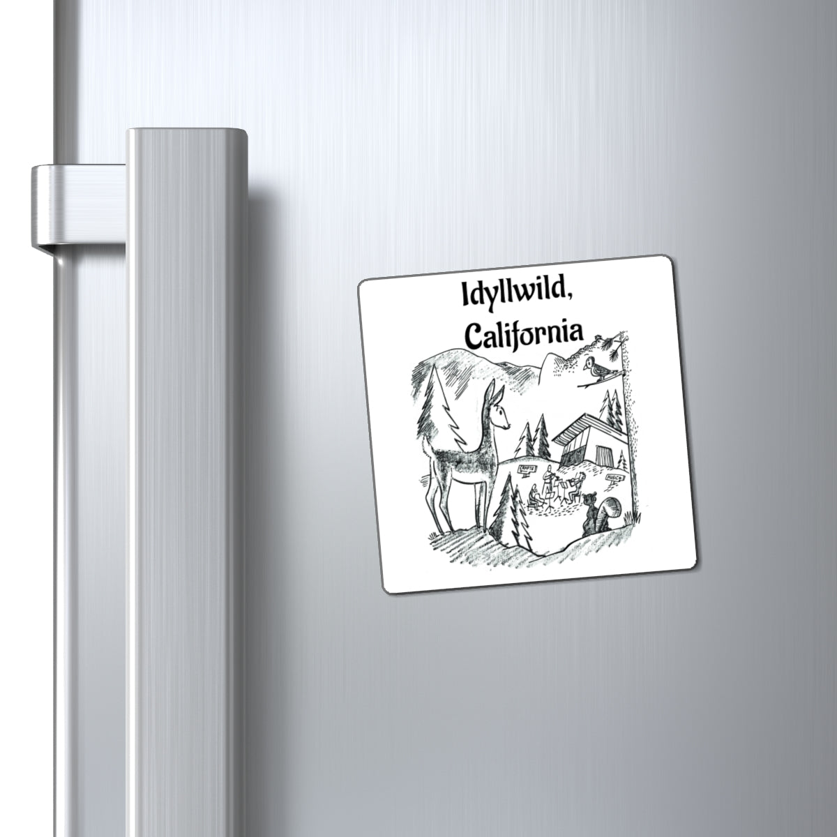 Idyllwild, California Souvenir Magnet — Scenic Mountain Campfire Illustration