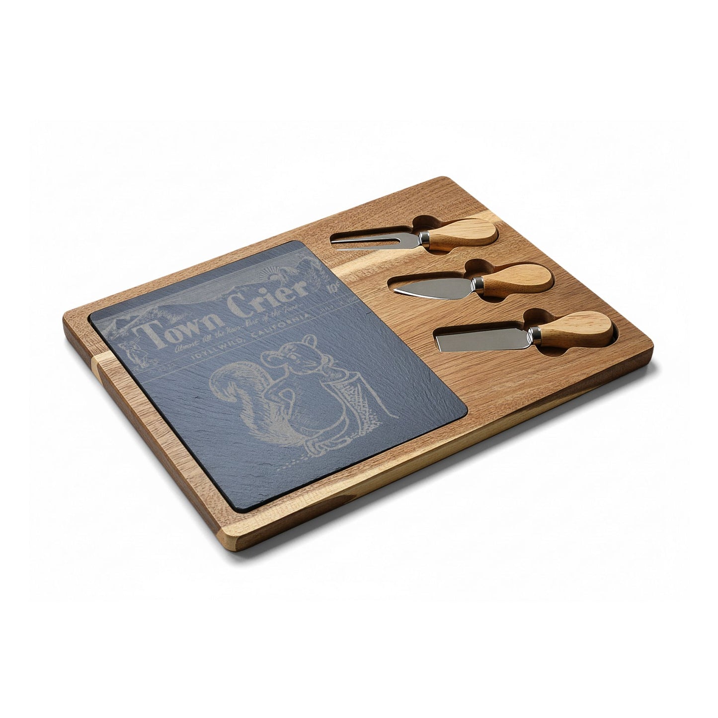 Engraved Acacia Charcuterie Board with Slate Insert & 3 Cheese Knives