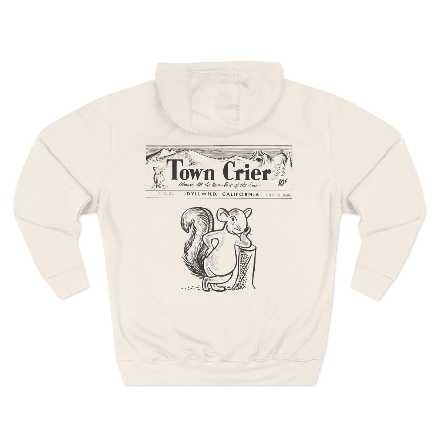Town Crier Squirrel Hoodie — Vintage Newspaper Style Fleece Pullover
