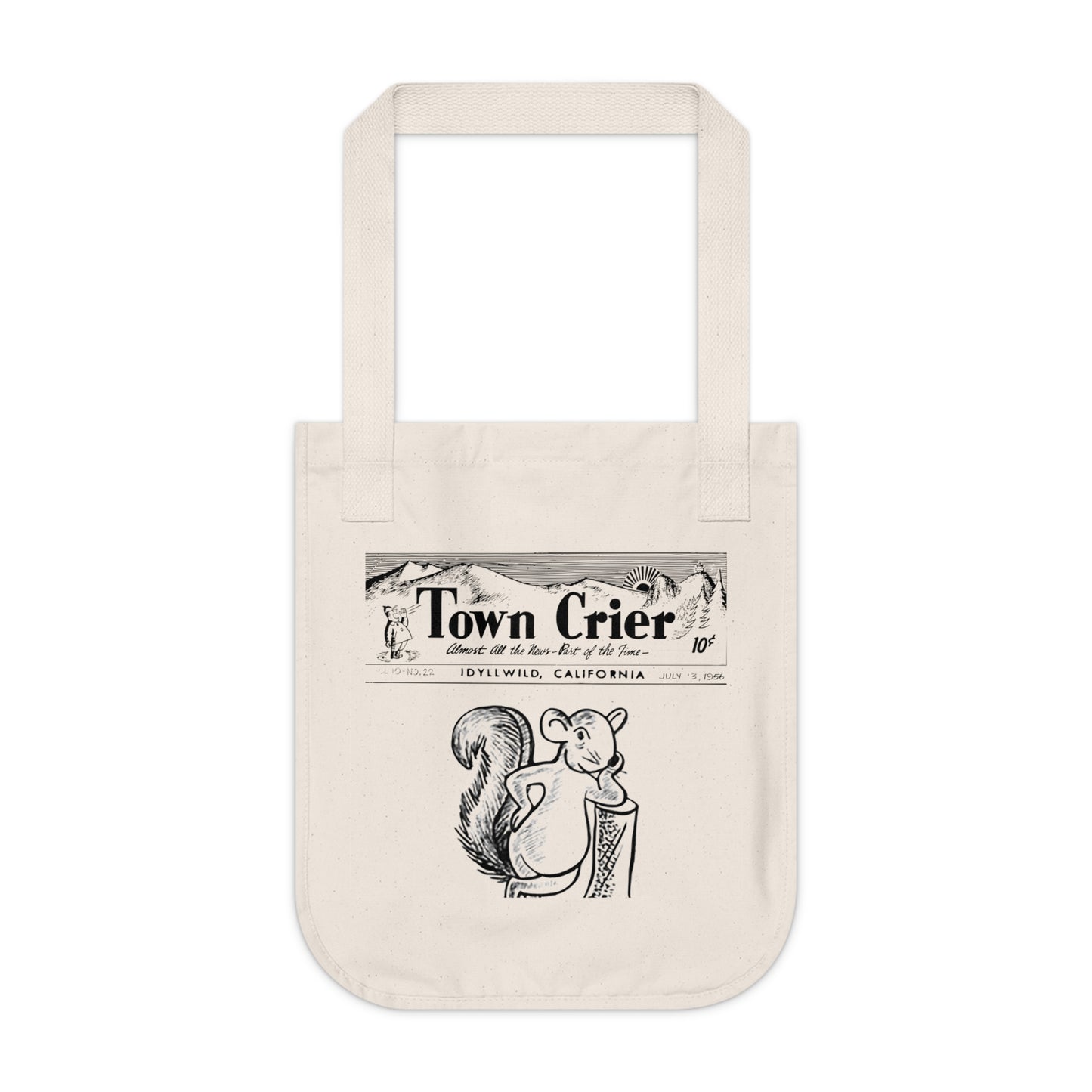 Town Crier Squirrel Organic Canvas Tote Bag — Vintage Newsprint Market Tote