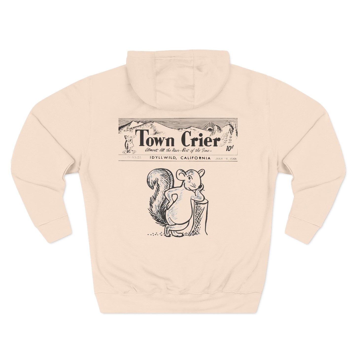 Town Crier Squirrel Hoodie — Vintage Newspaper Style Fleece Pullover