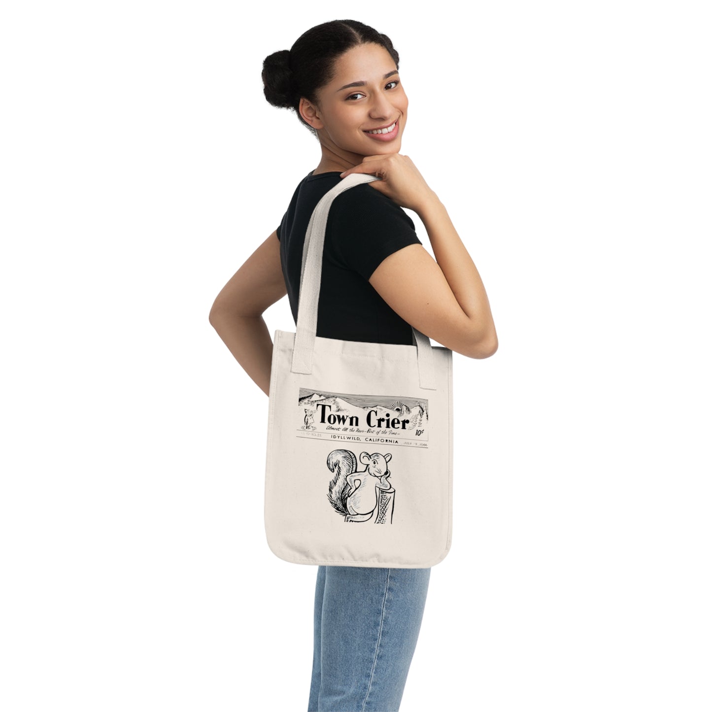 Town Crier Squirrel Organic Canvas Tote Bag — Vintage Newsprint Market Tote