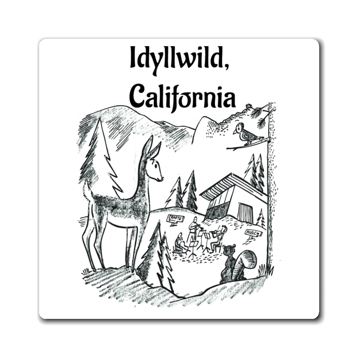 Idyllwild, California Souvenir Magnet — Scenic Mountain Campfire Illustration