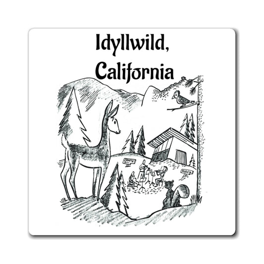 Idyllwild, California Souvenir Magnet — Scenic Mountain Campfire Illustration
